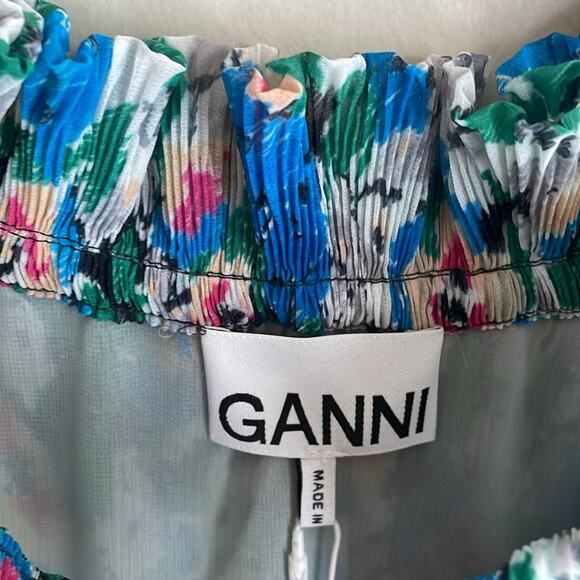 Ganni Pleated Georgette Ruffle V-Neck Blouse in Floral Azure Blue - Picture 7 of 16